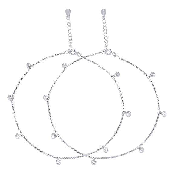 925 Sterling Silver Cubic Zirconia CZ Drop Adjustable Rhodium Plated Chain Anklet (Pair) | Gift for Women & Girls | - Rajputtrade