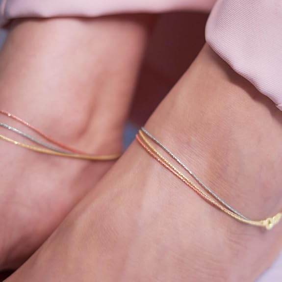 925 Sterling Silver Designer Triple Layered Rhodium, Gold & Rose Gold Plated Chain Anklet (Pair) | With Certificate of Authenticity & 925 Hallmark | Gift for Women & Girls - Rajputtrade