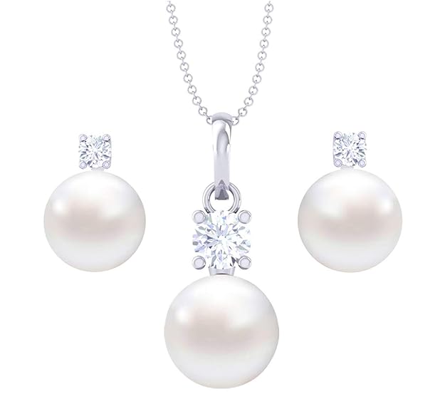 Sterling Silver and Pearl & Crystal Pendant Earrings Set With Chain for Women & Girls (White) - Rajputtrade