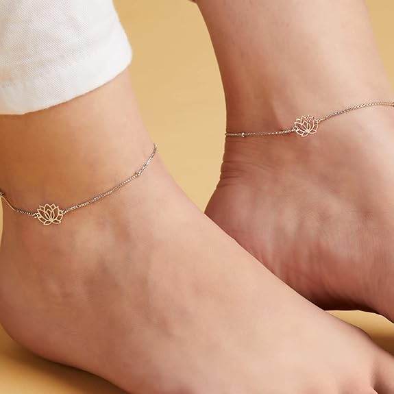 925 Sterling Silver Designer Lotus Floral Rhodium Plated Adjustable Chain Anklet (Pair) | Gift for Women & Girls | - Rajputtrade