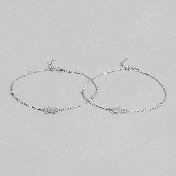 925 Sterling Silver Designer Lotus Floral Rhodium Plated Adjustable Chain Anklet (Pair) | Gift for Women & Girls | - Rajputtrade