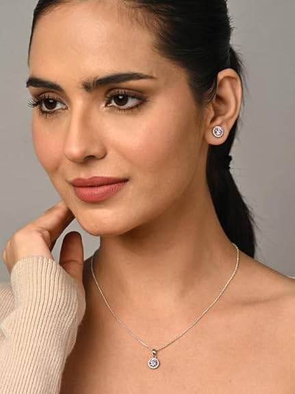 925 Sterling Silver Tove Pink Solitaire Pendant Earrings Chain Necklace Jewellery Set | Platinum Plated, Swiss Zirconia |Gift for Women and Girls - Rajputtrade