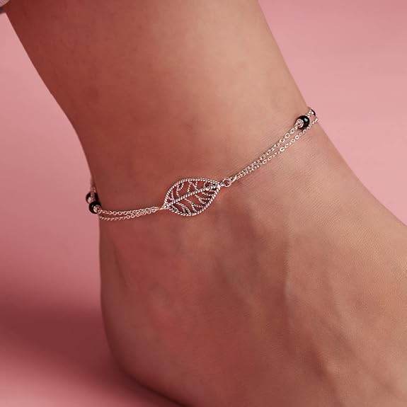 925 Sterling Silver Layered Designer Leaf Beaded Rhodium Plated Adjustable Chain Anklet (Single) | Gift for Women & Girls | - Rajputtrade