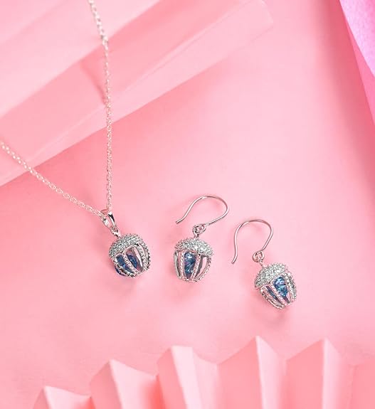 925 Sterling Silver Acorn Blue Solitaire Pendant Earrings Chain Necklace Jewellery Set | Platinum Plated, Swiss Zirconia | Unique Gift for Women and Girls