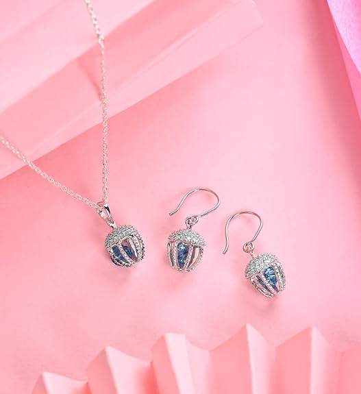 925 Sterling Silver Acorn Blue Solitaire Pendant Earrings Chain Necklace Jewellery Set | Platinum Plated, Swiss Zirconia | Unique Gift for Women and Girls - Rajputtrade