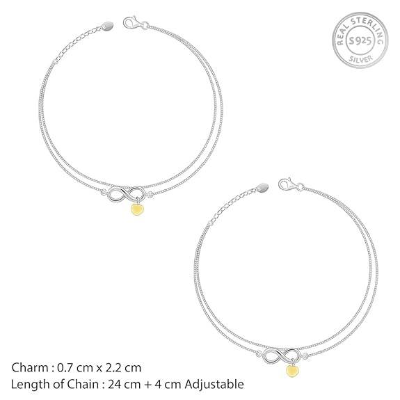 925 Silver Dual Tone Forever Heart Anklet,Single | Gifts for Women and Girls | - Rajputtrade