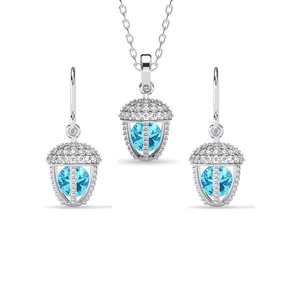925 Sterling Silver Acorn Blue Solitaire Pendant Earrings Chain Necklace Jewellery Set | Platinum Plated, Swiss Zirconia | Unique Gift for Women and Girls - Rajputtrade