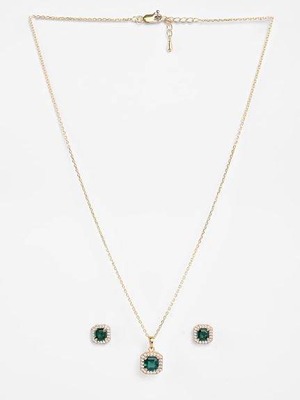 925 Sterling Silver Amati Green Solitaire Pendant Earrings Chain Necklace Jewellery Set | Gold Plated, Swiss Zirconia |Gift for Women and Girls - Rajputtrade