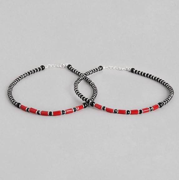 925 Sterling Silver Designer Black and Red Rhodium Plated Adjustable Beaded Anklet (Pair) | Gift for Women & Girls | - Rajputtrade