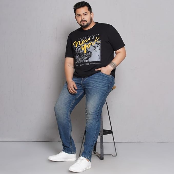 JOHN PRIDE Plus Size Men's Stretchable Mid-Rise Comfort Fit Clean Look Blue Cotton Jeans for Men - Rajputtrade