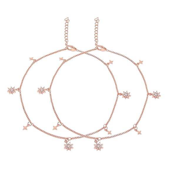 925 Sterling Silver Cubic Zirconia CZ Designer Dual Multi Stars Rose Gold Plating Anklet (Pair) | Gift for Women & Girls | - Rajputtrade