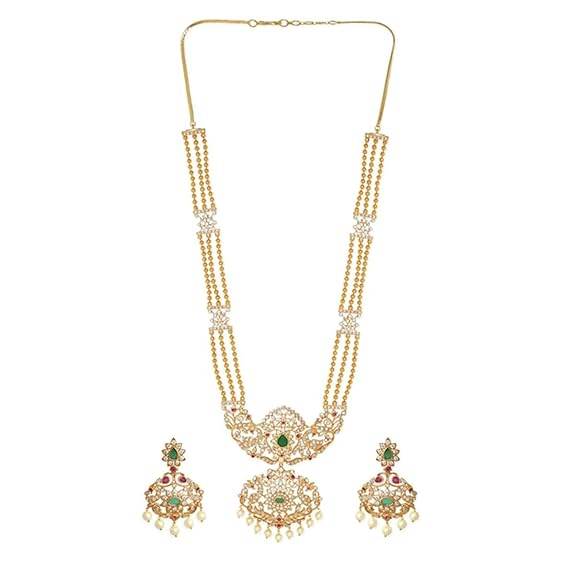 Gold Tone Temple Necklace Set with Green, Pink & White Stones by For Women - Rajputtrade