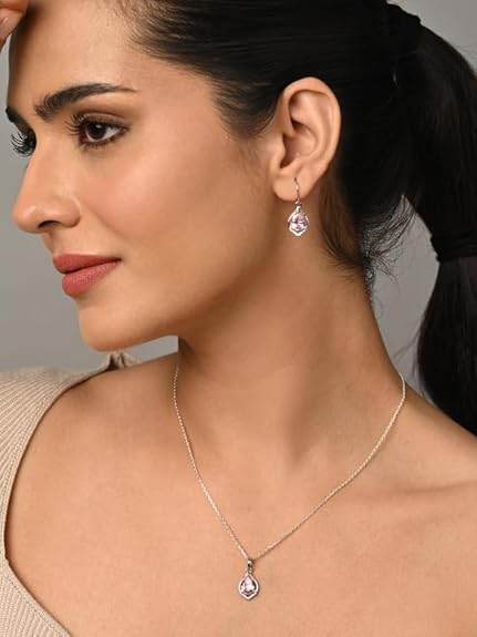 925 Sterling Silver Jino Pink Pear Solitaire Pendant Earrings Chain Necklace Jewellery Set | Platinum Plated, Swiss Zirconia |Gift for Women and Girls - Rajputtrade