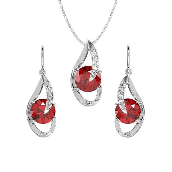 925 Sterling Silver Blood Red Eye Pendant Earring Chain Jewellery Set | Rhodium Plated, Swiss Zirconia | Gift for Women & Girls - Rajputtrade