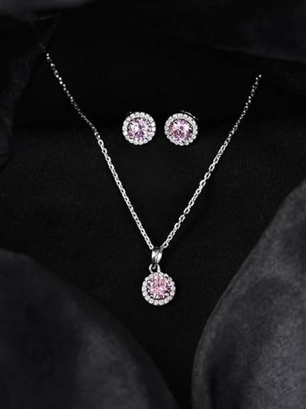 925 Sterling Silver Tove Pink Solitaire Pendant Earrings Chain Necklace Jewellery Set | Platinum Plated, Swiss Zirconia |Gift for Women and Girls - Rajputtrade