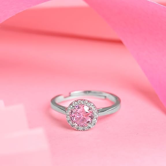 Pure 925 Sterling Silver Vega Pink Solitaire Halo Finger Ring | Swiss Zircon Platinum Plated | Size Adjustable | Gift for Women Girls Wife Girlfriend - Rajputtrade