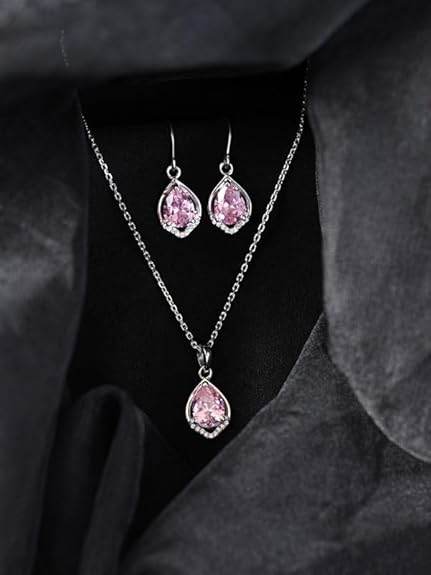 925 Sterling Silver Jino Pink Pear Solitaire Pendant Earrings Chain Necklace Jewellery Set | Platinum Plated, Swiss Zirconia |Gift for Women and Girls - Rajputtrade