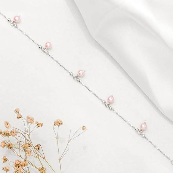 925 Sterling Silver Cubic Zirconia Heart Rose Gold Plating Chain Anklet (Single) | Gift for Women & Girls | - Rajputtrade
