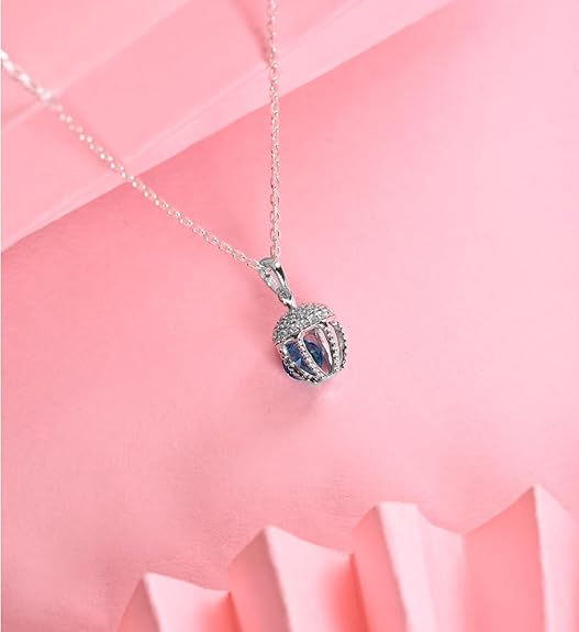 925 Sterling Silver Acorn Blue Solitaire Pendant Earrings Chain Necklace Jewellery Set | Platinum Plated, Swiss Zirconia | Unique Gift for Women and Girls