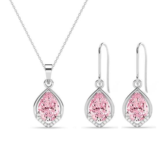 925 Sterling Silver Jino Pink Pear Solitaire Pendant Earrings Chain Necklace Jewellery Set | Platinum Plated, Swiss Zirconia |Gift for Women and Girls - Rajputtrade