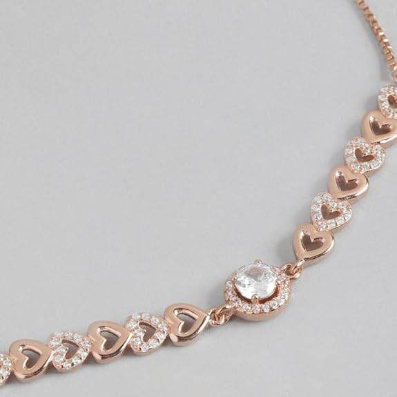 925 Sterling Silver Cubic Zirconia Heart Rose Gold Plating Chain Anklet (Single) | Gift for Women & Girls | - Rajputtrade