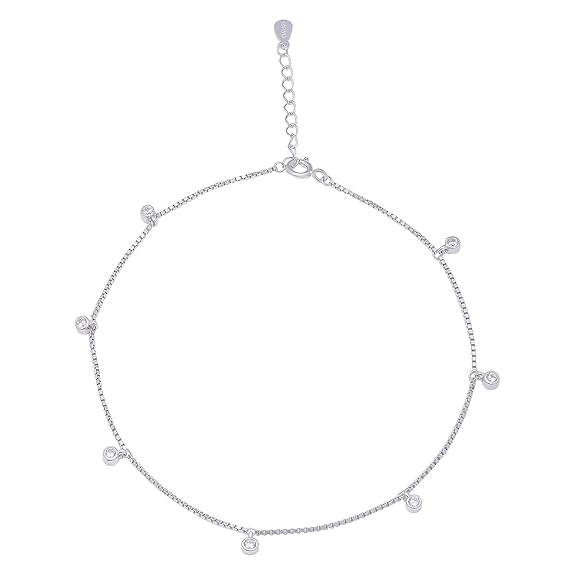 925 Sterling Silver Cubic Zirconia CZ Drop Adjustable Rhodium Plated Chain Anklet (Pair) | Gift for Women & Girls | - Rajputtrade