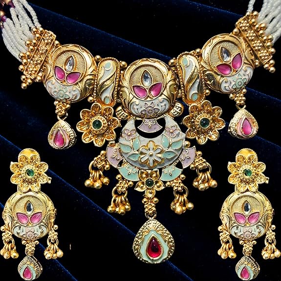 Rajwadi Floral Design Chokor Motimala Jewellery for Girls pink and green - Rajputtrade