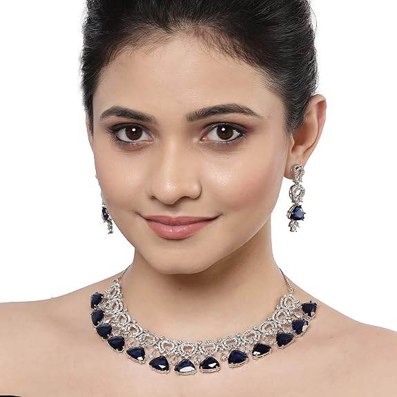 Choker Necklace And Drop Earrings Jewellery Set For Women (Blue) - Rajputtrade