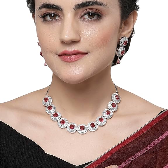 Silver Toned Triangular Shaped American Diamond Studded Jewellery Set For Women and Girl (Red) - Rajputtrade