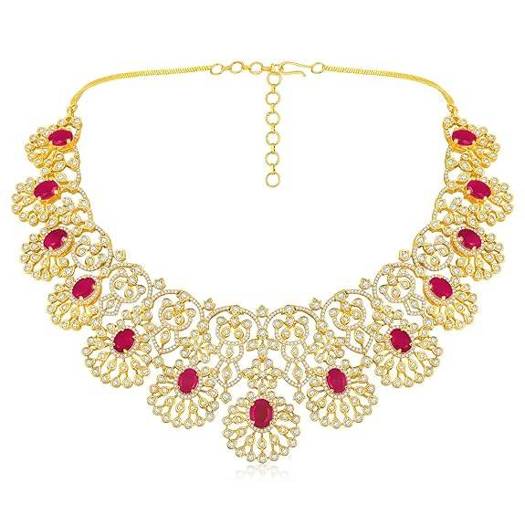 Gold Plated Cubic Zirconia & Red Crystal Studded Floral Necklace & Dangle Earring - Rajputtrade
