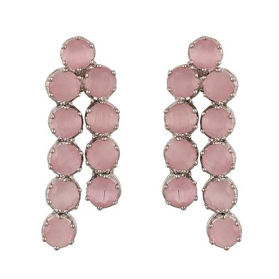 Cubic Zirconia Dual Strand Necklace Jewellery Set With Dangler Earrrings For Women/Girls (Pink) - Rajputtrade