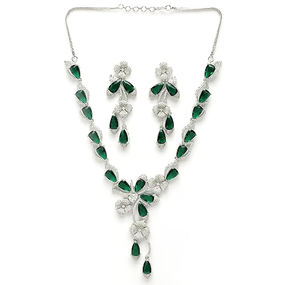 Silver Plated Brass Rhodium Coated Emerald & Necklace With Earring Jewellery Set For Women (Green) - Rajputtrade