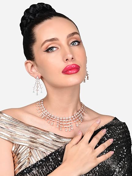 Mint Green Dazzling Cubic Zirconia Designer Brass Necklace Earring Set For Women - Rajputtrade