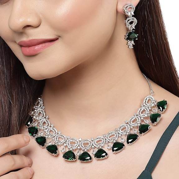 Choker Necklace And Drop Earrings Jewellery Set For Women (Green) - Rajputtrade