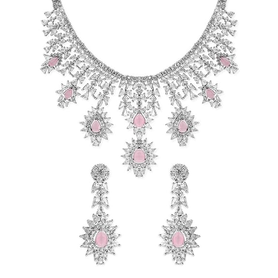 Womens Silver Plated Handcrafted Pink AD Stone Studded Necklace and Earring Set - Rajputtrade