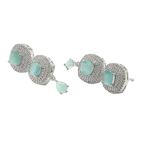 Silver Toned Triangular Shaped American Diamond Studded Jewellery Set For Women and Girl (Sea Green) - Rajputtrade