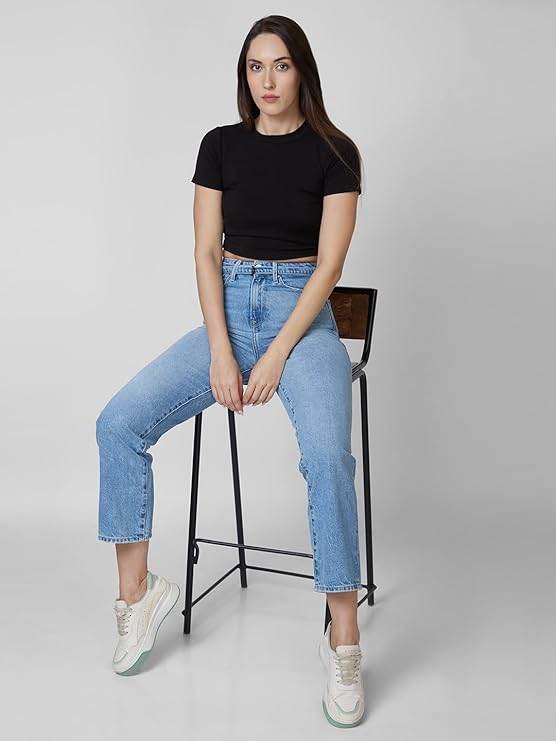 High Rise Straight Fit Blue Jeans for Women, Ice Blue (Size 38) - Rajputtrade