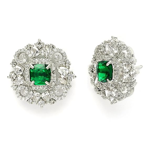 Rhodium Plated Silver Toned Brass Royale Celebrity Inspired, Cystal Jewellery Set For Women & Girls (Green) - Rajputtrade