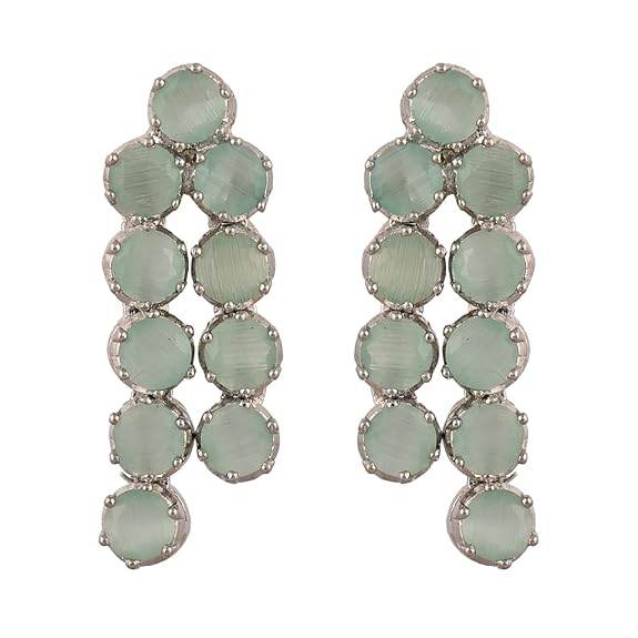 Cubic Zirconia Dual Strand Necklace Jewellery Set With Dangler Earrrings For Women/Girls (Mint Green) - Rajputtrade