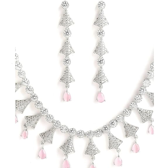 Silver Toned White, Necklace With Earring Jewellery Set For Woment and Girl - Rajputtrade
