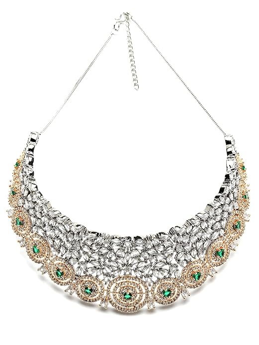 Rose Gold Plated Blue American Diamond Studded Choker Necklace Set for Women (Green) - Rajputtrade