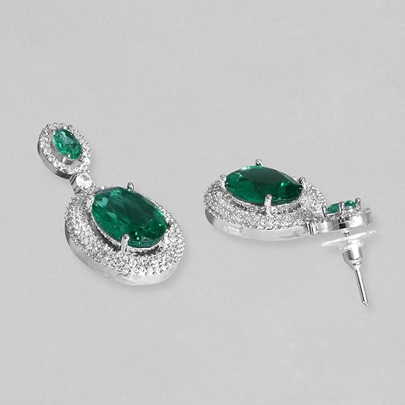 Women's Rhodium Plated Premium White & Emerald Solitaire Zircons Pendant Necklace Set - Rajputtrade