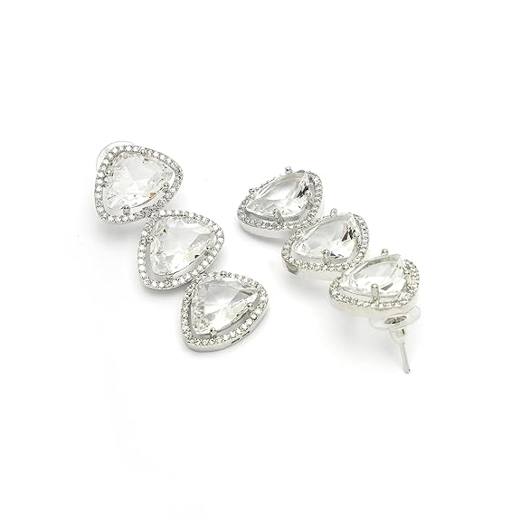 Silver Toned Triangular Shaped American Diamond Studded Jewellery Set For Women and Girl (White) - Rajputtrade