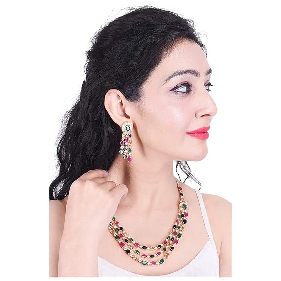 Jewellery Red Green Blue White Multi Layer Necklace Set with Earring for Women/Girls - Rajputtrade