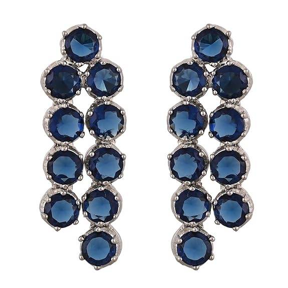 Cubic Zirconia Dual Strand Necklace Jewellery Set With Dangler Earrrings For Women/Girls (Blue) - Rajputtrade