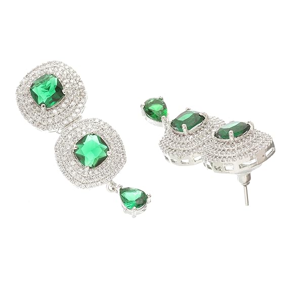 Silver Toned Triangular Shaped American Diamond Studded Jewellery Set For Women and Girl (Green) - Rajputtrade
