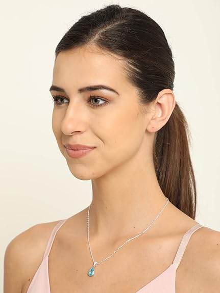 925 Sterling Silver Sky Blue Tear Drop Pendant Earring Chain Jewellery Set | Rhodium Plated, Swiss Zirconia | Gift for Women & Girls - Rajputtrade