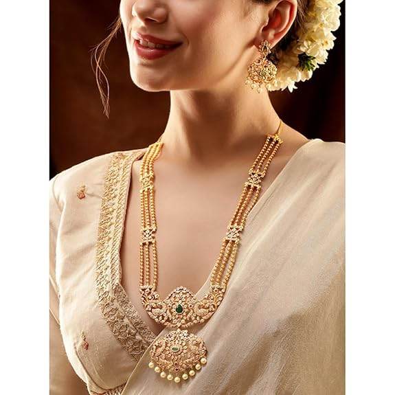 Gold Tone Temple Necklace Set with Green, Pink & White Stones by For Women - Rajputtrade