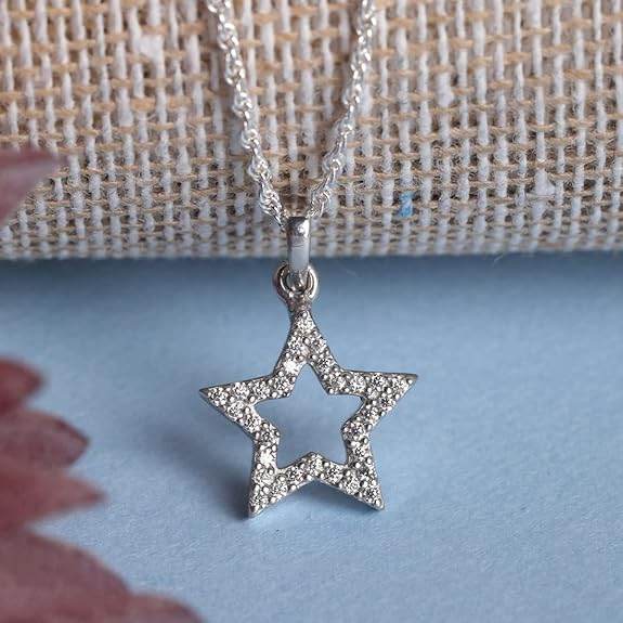 925 Sterling Silver Star Pendant Chain Necklace | Rhodium Plated, Swiss Zirconia | Gift for Women and Girls - Rajputtrade