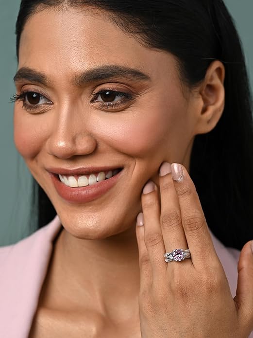 Pure 925 Sterling Silver Tove Pink Solitaire Wedding Finger Ring | Swiss Zircon Platinum Plated | Size Adjustable | Gift for Women Girls Wife Girlfriend - Rajputtrade